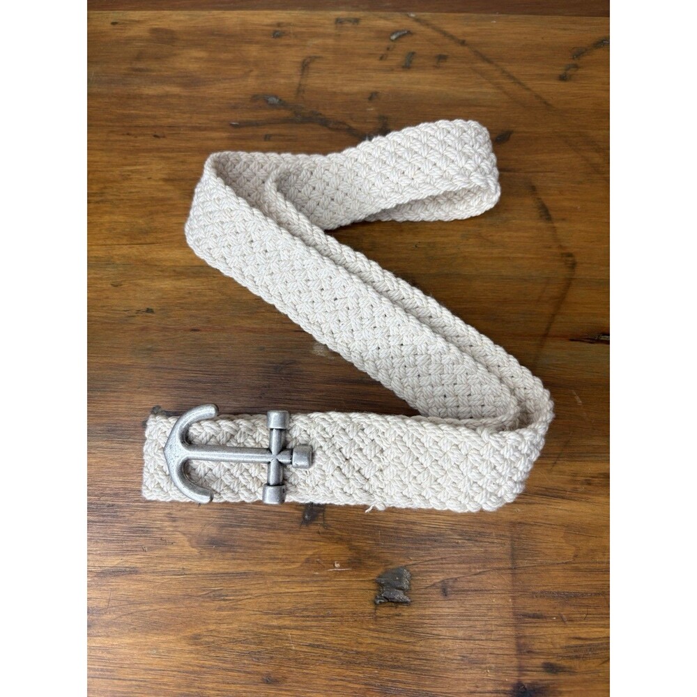 L.L. Bean Vintage Braided Rope Belt Cream Woven Macrame Clasp Anchor Hook S/M